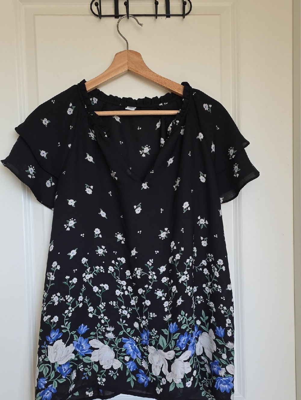 Old Navy Black Floral Border V-Neck Tunic with Blue & White Flowers